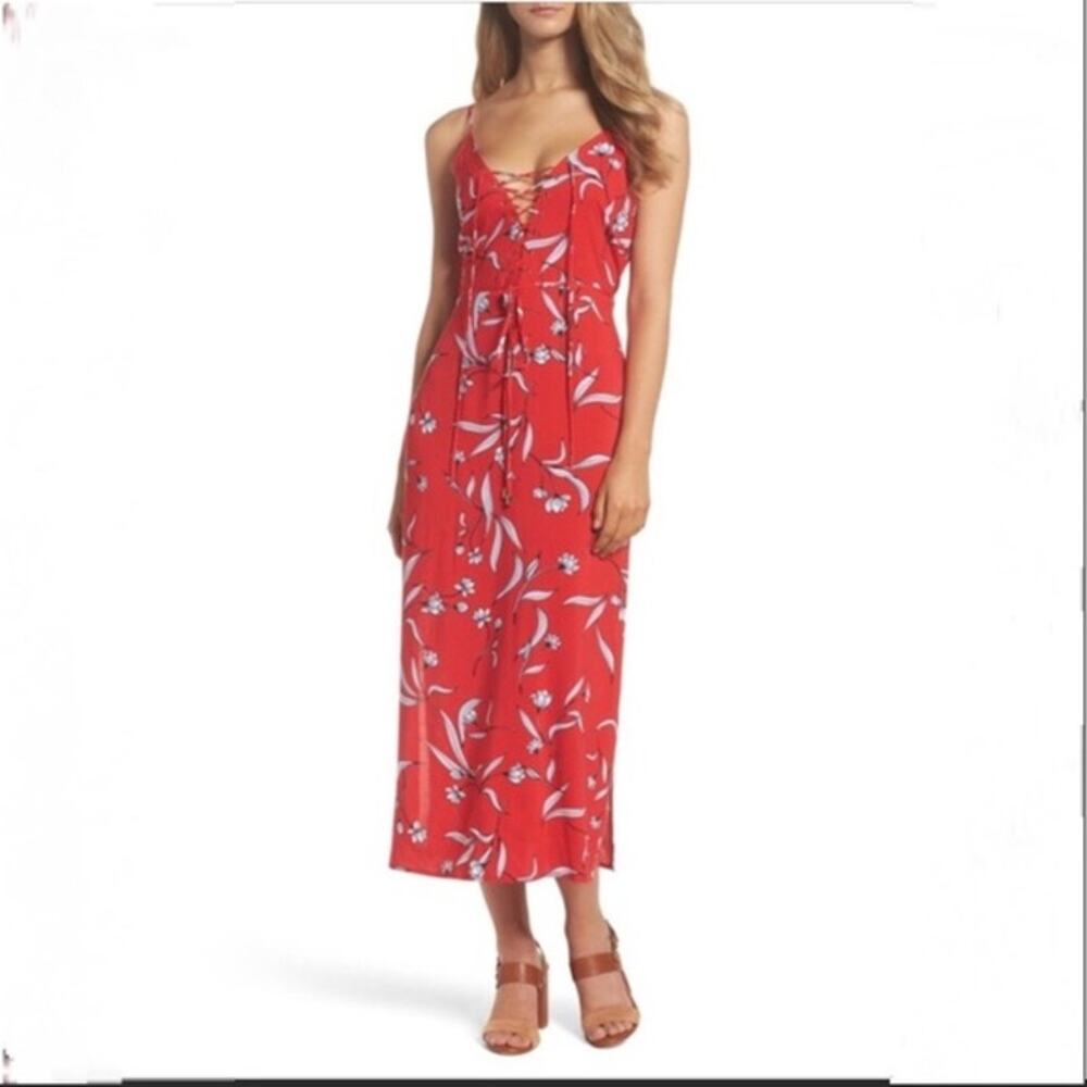 Bardot Amelia Red Floral Midi Dress Side Slit Sundress Sz Small